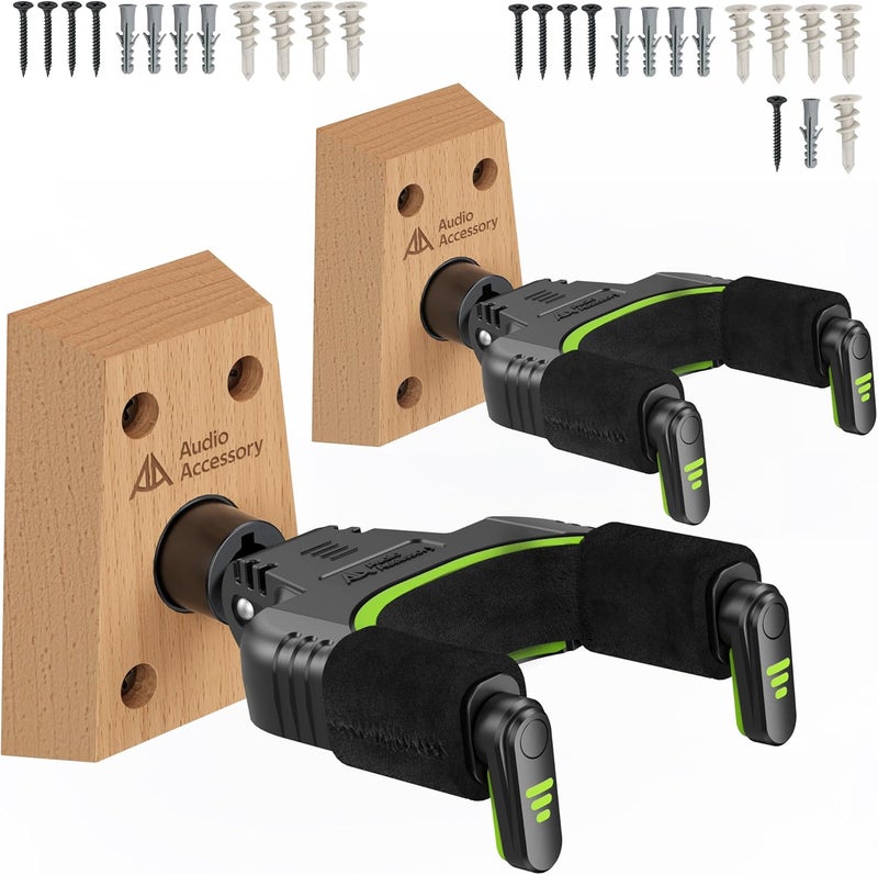 AA AUDIO ACCESSORY Guitar Wall Mount Autolock 2-Pack - Nitro-Safe Velvet Hook, Never Fall Off Design 4-Screw Beech Wood Guitar Wall Hangers for Bass, Acoustic, Classical, Folk Guitar and Mandolin - Image 1